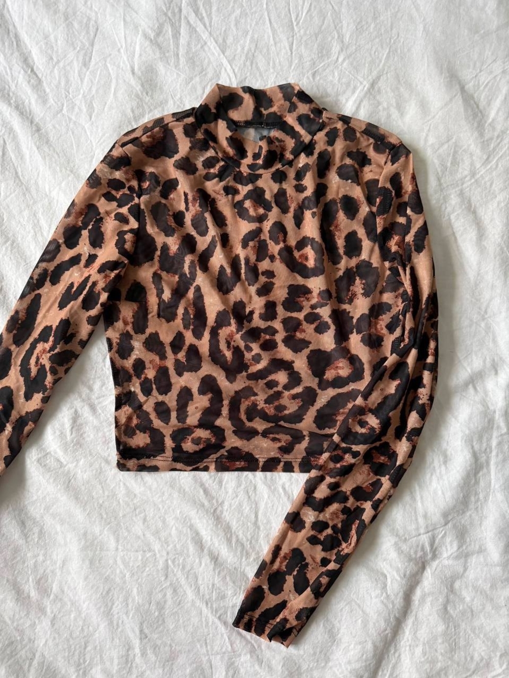 Leopard Print Sheer Mesh Long Sleeve Crop Top – Size S